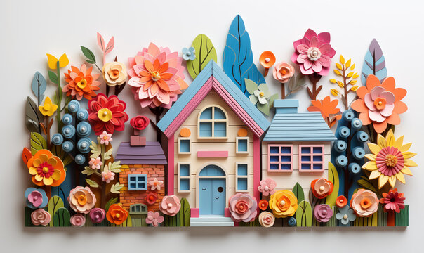 Papercraft of house with colorful flowers and leaves on white background.