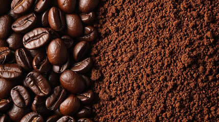 Close-up of coffee beans and ground coffee background