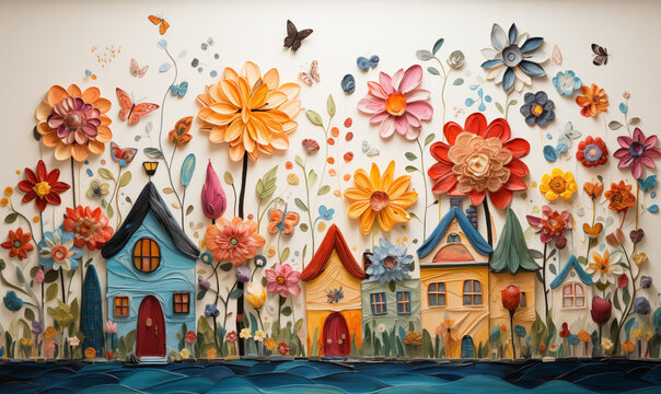 Colorful decorative wall art in the form of houses and flowers.
