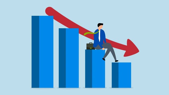 Economic recession,  4k animation of business owner seated on a falling down bar graph and a red arrow.