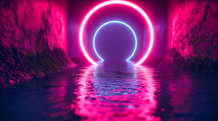 Dynamic neon corridor with blue and pink glowing lights, illustrating a futuristic and abstract...