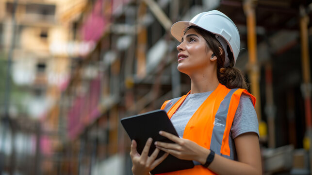 young woman wearing a safety helmet and reflective vest is holding a tablet and looking up