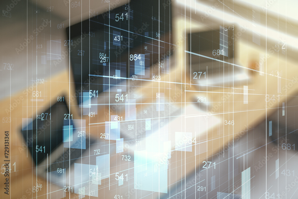 Poster abstract creative analytics data spreadsheet and modern desktop with pc on background, analytics and