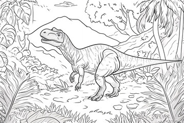 Carnotaurus Dinosaur Black White Linear Doodles Line Art Coloring Page, Kids Coloring Book
