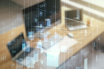 Abstract creative analytics data spreadsheet and modern desktop with pc on background, analytics and analysis concept. Multiexposure