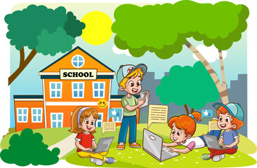 Obraz na płótnie Canvas Vector Illustration of Children's Education. Children using tablets and phones. Use of technology in education. social media and children.