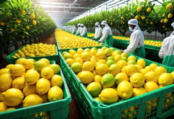 Automated lemon processing facility with conveyors full of fresh lemons. Concept of organic products, manufacture