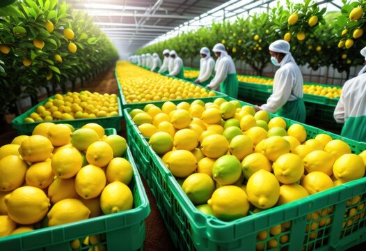 Automated lemon processing facility with conveyors full of fresh lemons. Concept of organic products, manufacture