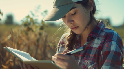 A young woman takes notes in a notebook.