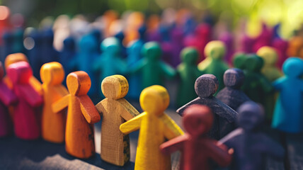 A group of wooden colored figures of people.