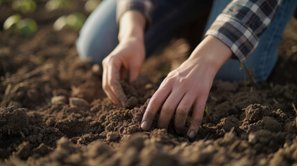 Farmer's hands inspecting the ground