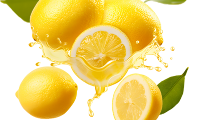 Fresh lemon juice dripping with lemon fruits levitate isolated on white background 