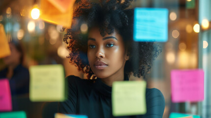 professional woman standing by a glass wall or window covered with colorful post-it notes