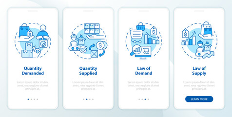 Fototapeta na wymiar Demand and supply keys blue onboarding mobile app screen. Quantity market walkthrough 4 steps graphic instructions with linear concepts. UI, UX, GUI template. Myriad Pro-Bold, Regular fonts used