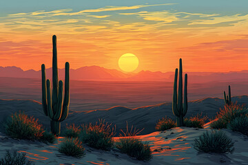 Desert Sunset with Cacti. - obrazy, fototapety, plakaty
