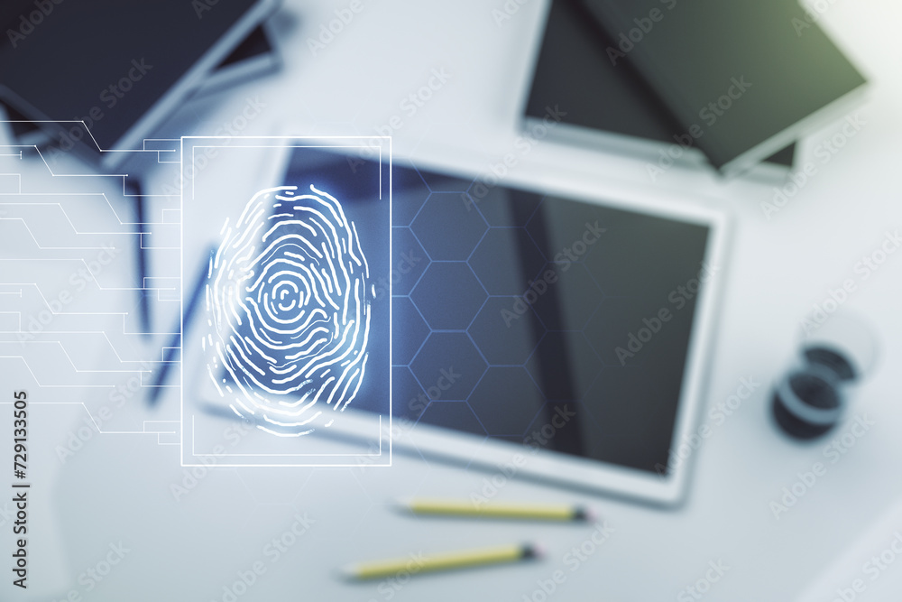 Poster multi exposure of abstract creative fingerprint illustration and modern digital tablet on background