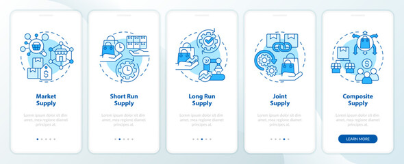 Market economics blue onboarding mobile app screen. Supplies type walkthrough 5 steps editable graphic instructions with linear concepts. UI, UX, GUI template. Myriad Pro-Bold, Regular fonts used - obrazy, fototapety, plakaty