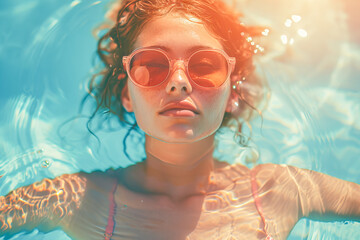 Girl in sunglasses relaxing by the pool 
