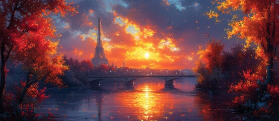 Sunset Serenade A Romantic Eiffel Tower Painting Generative AI