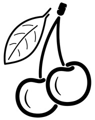 Icon of two cherries with stem and leaf - black outline