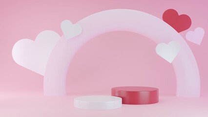 3D Rendering abstract heart pink background with red podium Valentines love