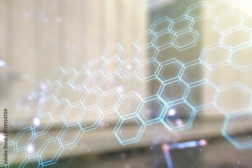 Poster abstract virtual wireless technology hologram with hexagon on blurry modern office building backgrou
