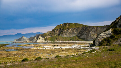 Fototapeta na wymiar panorama of kaikoura peninsula in north canterbury, new zealand; famous rocky peninsula with cliffs and fur seal colony