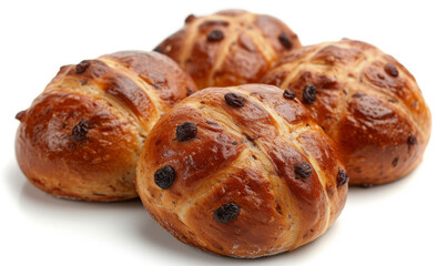 British hot cross buns, with spices and fruits, close-up view at an angle of 45 degrees, on a white background, food photography. Easter celebration concept and festive products