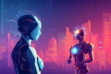 person talking with robotic ai.futuristic technology or machine learning. generative AI.