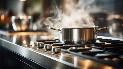 Water boils in a saucepan