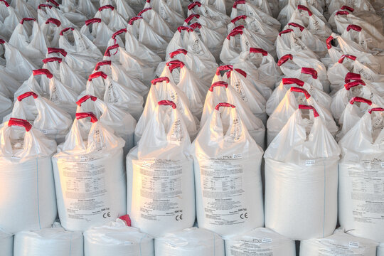 Stack of fertiliser bags in storage