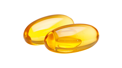 Golden color oil in soft gel capsule isolated on white background