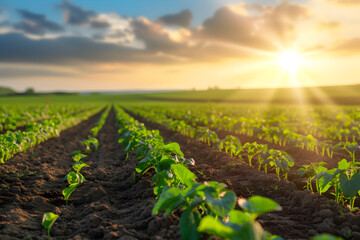 Technology in argiculture concept - agriculture crops, golden hour