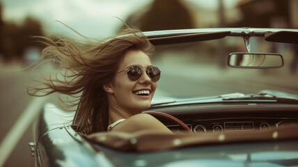 Woman in sunglasses driving a cabriolet