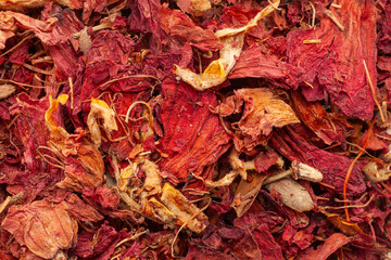 Close-up of Dry Organic Hibiscus (Hibiscus rosa-sinensis) flowers, Full-Frame wallpaper. Top View