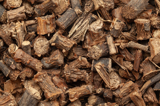 Close-up of Dry Organic Gulvel or Giloy (Tinospora cordifolia) herb (Heart-leaved moonseed, guduchi, giloy, crispa), Full-Frame wallpaper. Top View