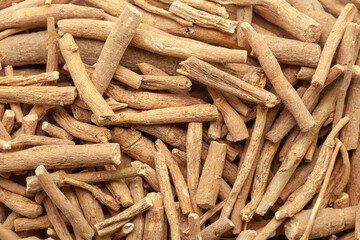 Close-up of Organic Dry Ashwagandha (Withania somnifera) roots, Full-Frame wallpaper. Top View