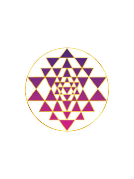 Sri yantra symbol with gold and purple colors isolated on white background. Sacred geometry golden symbol.