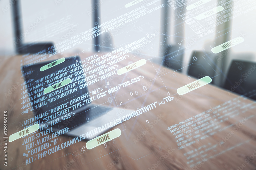 Poster multi exposure of abstract software development hologram on laptop background, research and analytic