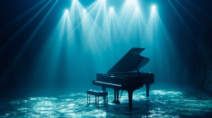 The piano stands underwater at the bottom of the sea - obrazy, fototapety, plakaty