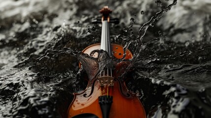 Violin in black liquid splash. Classical musical instrument