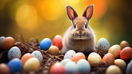 Fototapeta na wymiar Easter bunny and many Easter eggs.