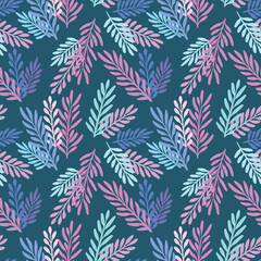 Dark colorful leaf vector pattern, seamless repeating background print, hand drawn vibrant summer wallpaper design, tropical textile