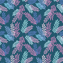 Dark colorful leaf vector pattern, seamless repeating background print, hand drawn vibrant summer wallpaper design, tropical textile