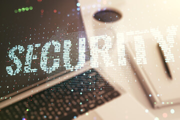Cyber security creative concept on modern laptop background. Double exposure
