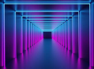 Blue Pink neon tunnel. Corridor with gradient blue pink glowing fluorescent lamp.