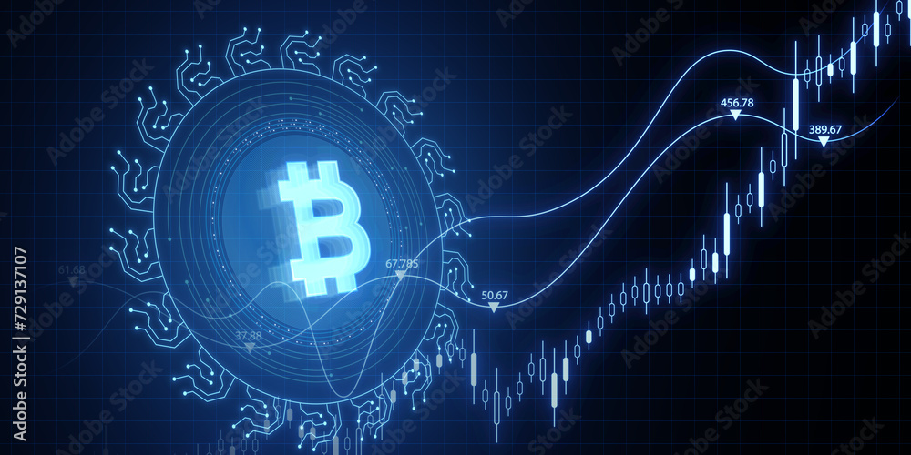 Poster creative glowing bitcoin on dark blue background with candlestick. cryptocurrency, digital money and