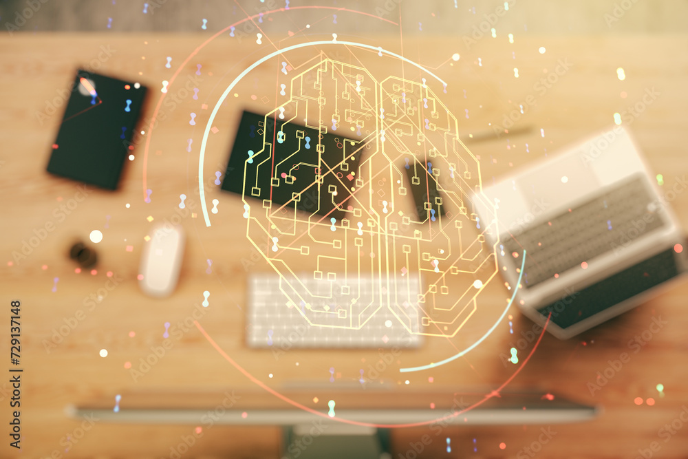 Aufkleber Creative artificial Intelligence concept with human brain sketch on modern computer background. Double exposure
