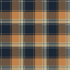 Plaid (tartan) seamless pattern. Gold, dark blue and khaki stripes. Scottish, lumberjack and hipster fashion style.
