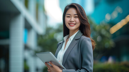 Smiling young asian businesswoman using digital tablet in blurred city background, technology concept
